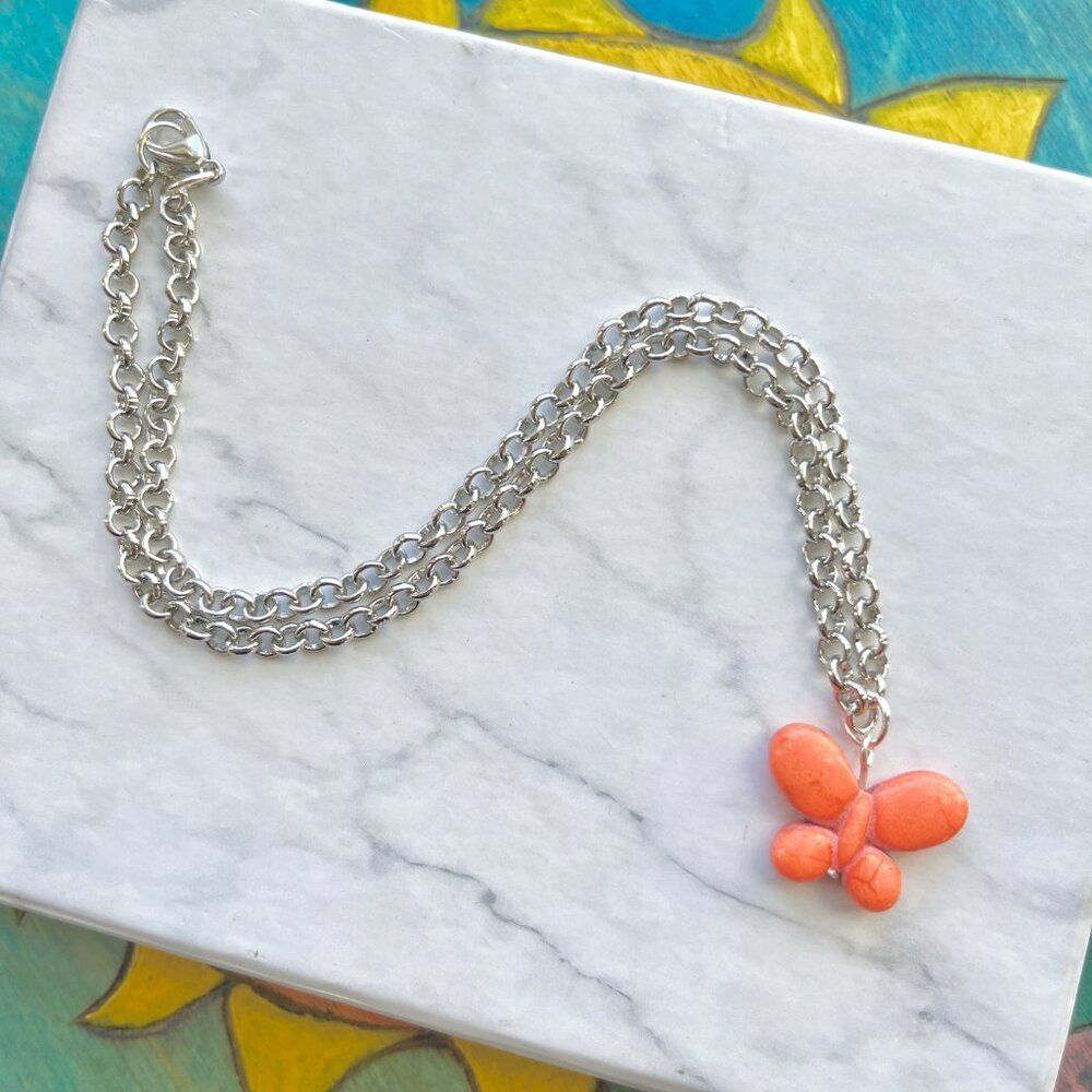 Orange Butterfly Charm Silver Chain Necklace